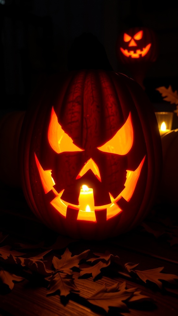 A glowing pumpkin lantern with a spooky face on a porch, surrounded by autumn leaves.